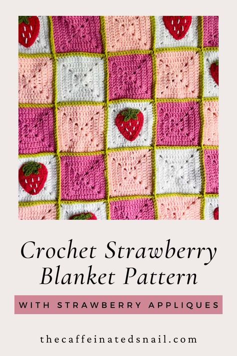 Embrace the strawberry trend by making this cute Crochet Strawberry Blanket Pattern. Made with solid granny squares and crochet strawberry appliques, it is easy to adjust the size from a baby blanket all the way to king. Crochet Strawberry Blanket, Strawberry Crochet Blanket, Strawberry Granny Square, Cute Crochet Strawberry, Strawberry Crochet Pattern, Strawberry Blanket, Strawberry Skirt, Strawberry Crochet, Strawberry Baby