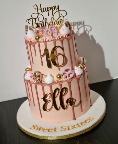 Two tier rose gold drip cake with pretty pink and gold accents. Cake Sweet 16, Sprinkle Drip Cake, Sweet Birthday Cake, Best Happy Birthday Wishes, Sweet Sixteen Cakes, Best Happy Birthday, Sweet 16 Birthday Cake, 16 Birthday Cake, Happy 16th Birthday