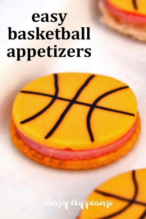 cracker topped with ham and a round slice of cheese decorated like a basketball March Madness Appetizers, Basketball Watch Party, March Madness Food, Basketball Food, Basketball Birthday Cake, March Madness Parties, Kids Gratitude Journal, Sports Snacks, Gratitude Journal For Kids