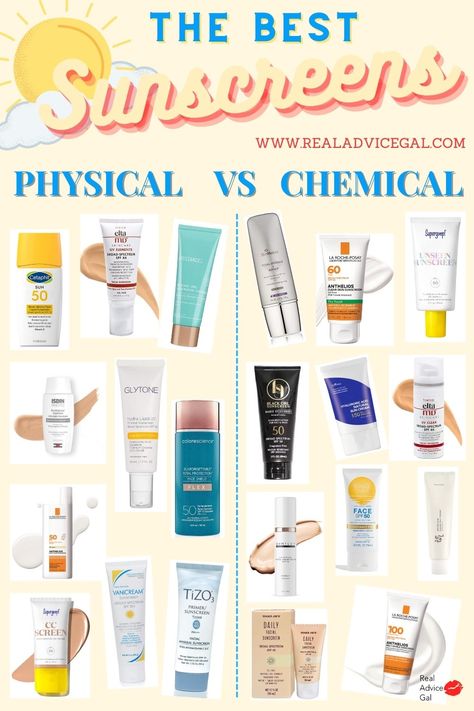 Do you use physical (mineral) or chemical sunscreens? Read this guide and chck out the best sunscreens that you should get right now! Mineral Vs Chemical Sunscreen, Chemical Vs Physical Sunscreen, Body Sunscreen Spray, Color Science Sunscreen, Genevieve Core, Best Mineral Sunscreen, Mineral Sunscreen For Face, Sunscreen Tips, Best Drugstore Sunscreen