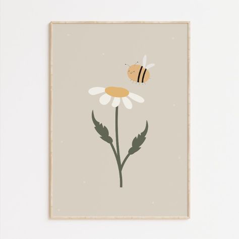 This playful and joyful design adds a touch of whimsy to any room in your home. The neutral color scheme makes it a versatile choice for any interior decor. Daisy Wall Art, Woodland Nursery Art, Bee Wall Art, Daisy Art, Unique Birthday Cards, Bee Wall, Elephant Wall Art, Nursery Decor Neutral, Cool Wall Art