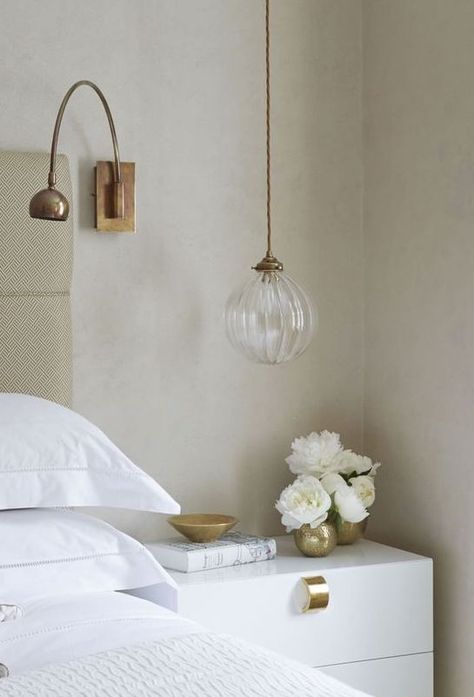 Hanging Bedside Lamps, Hanging Bedside Lights, Hanging Bedroom Lights, Bedside Pendant Lights, Helen Green, Green Apartment, Hanging Bedroom, Green Interior Design, Bedroom Pendant