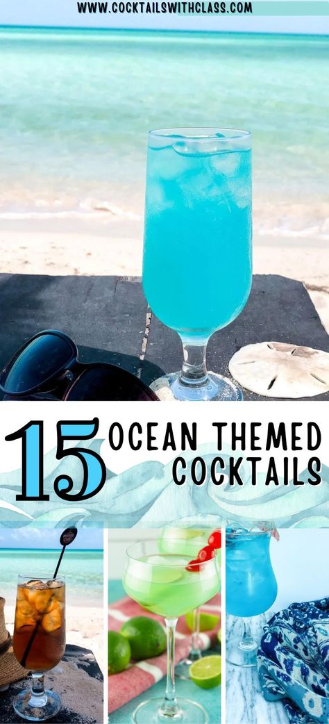 You will love these ocean themed cocktails! Perfect cocktails for a beach party or beach house party drinks menu. Summer pool party cocktails, blue drinks menu, tropical drinks, sea themed cocktails, mermaid cocktails, mermaid drinks Beach Themed Cocktails, Beach Wedding Cocktails, Coastal Cocktail, Theme Cocktails, Nautical Themed Alcoholic Drinks, Ocean Drink, Beachy Drinks, Beachy Cocktails, Beach Theme Bar Ideas