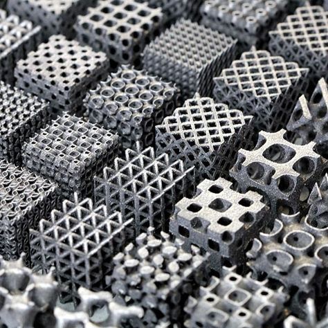 These 20 x 20 x 20 mm aluminium blocks are prototypes for the next generation of 3D-printed lattice structures some of which are already used in the automotive and aerospace industries.   Made using a process called 'selective laser melting' these structures are strong and stiff but light. That's good for a lot of things: fuel efficiency for example increases when vehicle parts are lighter.   It's the hollow patterns that make them so effective. "You can align patterns to create strength in the Parametric Pattern, Art Structure, Lattice Structure, University Of Nottingham, 3d Printing Industry, Additive Manufacturing, Generative Design, Digital Fabrication, Spaceship Art