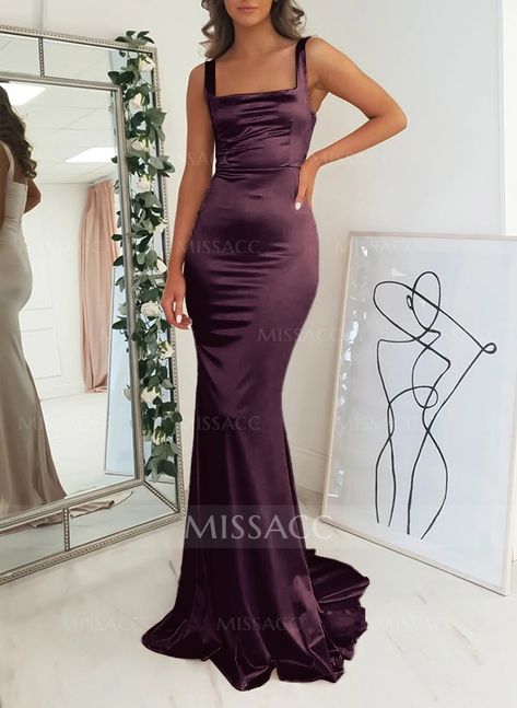 Mermaid Square Neckline Sleeveless Sweep Train Silk Like Satin Bridesmaid Dresses Simple Mermaid Dress, Mermaid Dress Design, Simple Frock, Simple Frock Design, Purple Wedding Theme, Simple Frocks, Blue Pool, Bridesmaid Dresses Online, Satin Bridesmaid Dresses