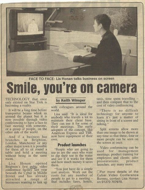 Smile, you're on camera!  An old newspaper article about Eyenetwork and Video Conferencing English Newspaper Articles, Dark Academia Posters, Cooking Shows, English Newspapers, Newspaper Template, Newspaper Headlines, Vintage Newspaper, Historical Newspaper, Newspaper Printing