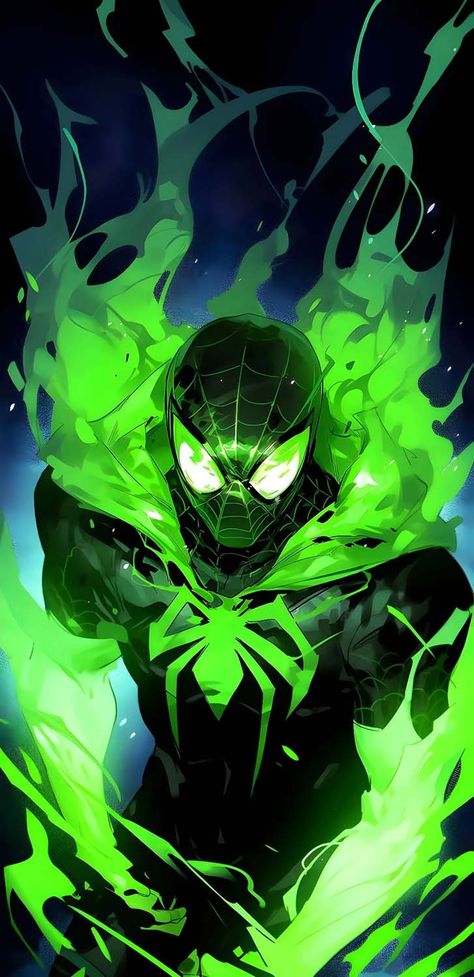 Spiderman Green Powers iPhone Wallpaper Spider Verse Fanart, Green Powers, Spider Man Wallpaper, Pastel Iphone Wallpaper, Dark Black Wallpaper, Marvel Superheroes Art, Sky Anime, Animated Wallpapers For Mobile, Marvel Spiderman Art