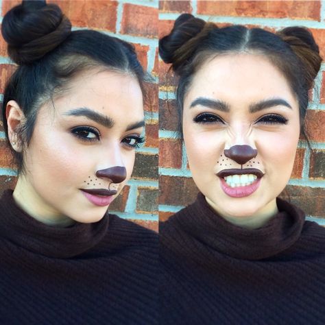 Bear Makeup Halloween Costume Idea Easy Makeup Bear Makeup Halloween, Bear Face Paint, Panda Makeup, Makeup Halloween Costume, Brown Matte Lipstick, Bear Makeup, Halloween Make-up Looks, Panda Costumes, Animal Makeup