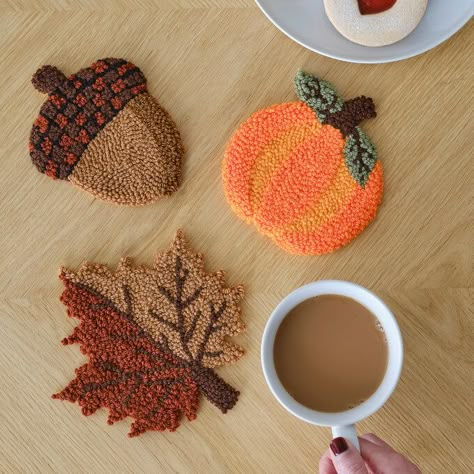 How to Make Autumn Punch Needle Coasters | Hobbycraft UK Autumn Punch, Punch Needle Coasters, Kids Punch, Halloween Punch, Cute Coasters, Punch Needle Patterns, Craft Punches, Paper Quilling Designs, Crochet Fall