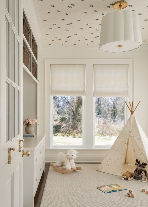 Playroom Sunroom Combo, Playroom With French Doors, Sunporch Playroom, Playroom With Sliding Glass Doors, Classy Playroom, Amber Interiors Playroom, Sun Porch Playroom, Sunroom Playroom Ideas, Neutral Playroom