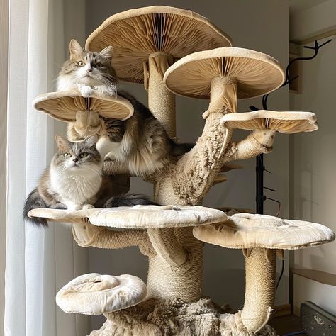 Introducing the "Fungitower" - a whimsical cat tower inspired by mushrooms. With plush platforms resembling mushroom caps, it offers cozy spots for lounging and observing. Its winding design mimics organic growth patterns, bringing a touch of woodland magic into any home. Conceptual AI Art Follow @ecosapiens for more! Cat Shelves Aesthetic, Diy Mushroom Cat Tree, Cat Trees Aesthetic, Mushroom House Decor, Aesthetic Cat Decor, Cat Tower Aesthetic, Cat Things For Home, Cat Apartment Ideas, Mushroom Cat Tree