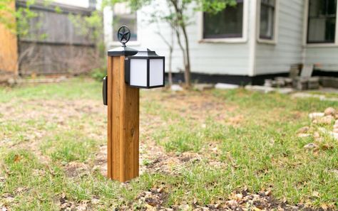 DIY Outdoor Lighting And Outlet | Wilker Do's Wood Lamp Post, Outdoor Outlet Cover, Outdoor Electrical Outlet, Outdoor Outlet, Motion Light, Diy Outdoor Lighting, Electrical Outlet Covers, Light Post, Small Lamps