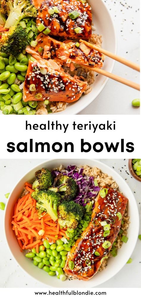 Edamame Poke Bowl, Teriyaki Bowl Vegetarian, Teriyaki Buddha Bowl, Brown Rice Poke Bowl, Salmon Bowl With Broccoli, Edamame Buddha Bowl, Yummy Bowl Recipe, Healthy Salmon Teriyaki Bowl, Teriyaki Poke Bowl