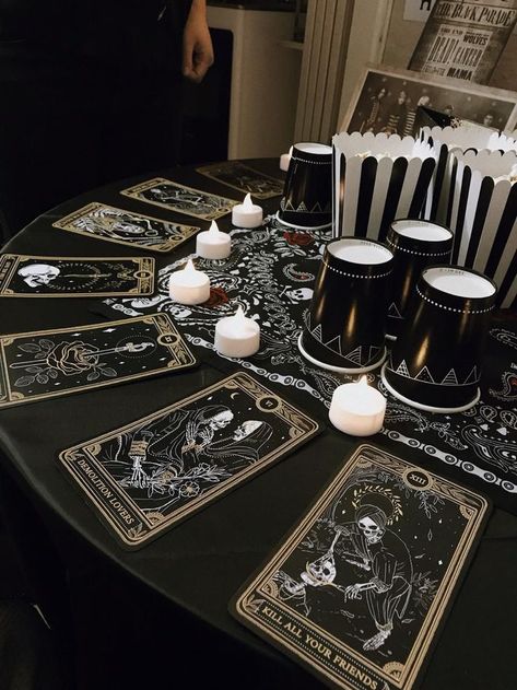 Goth Bday Party Ideas, Witchy Birthday Decor, Coven Theme Party, Tarot Themed Party, Goth Birthday Ideas, Goth Party Ideas, Goth Birthday Party Ideas, Goth Theme Party, Emo Party Decorations