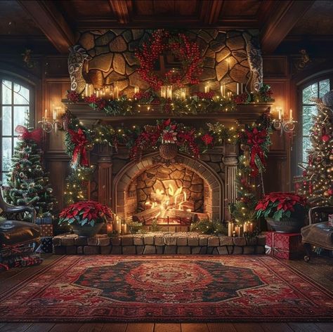 Victorian Christmas Fireplace, Christmas Stone Fireplace, Fireplaces Ideas Living Room, Christmas Interior Decor, Fireplace Stockings, Beautiful Christmas Scenes, Stockings Christmas, Christmas Scenery, Days Till Christmas