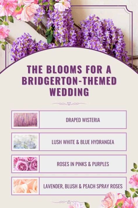 Tips for Designing a Dreamy Bridgerton-Themed Wedding-Flora D' Amore by Stadium Flowers Bridgerton Flowers, Bridgerton Wedding Theme, 2026 Wedding, Bridgerton Theme, Bridgerton Party, Sleeping Beauty Wedding, Wisteria Wedding, Bridgerton Wedding, Wedding Motif