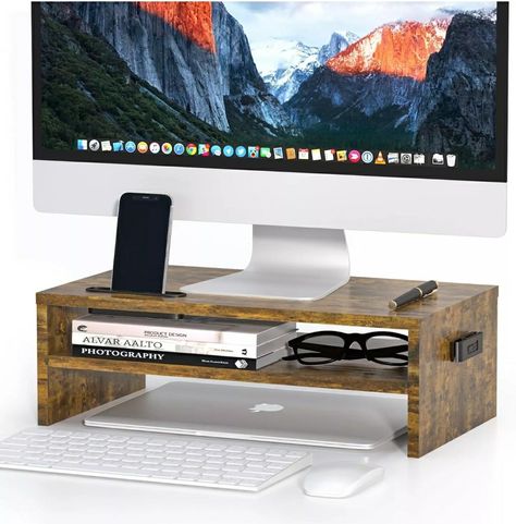 Desk Monitor Stand, Wood Monitor Stand, Desk Monitor, Computer Monitor Accessories, Monitor Riser, Getting Rid Of Clutter, Computer Stand, Neck And Shoulder Pain, Desktop Stand