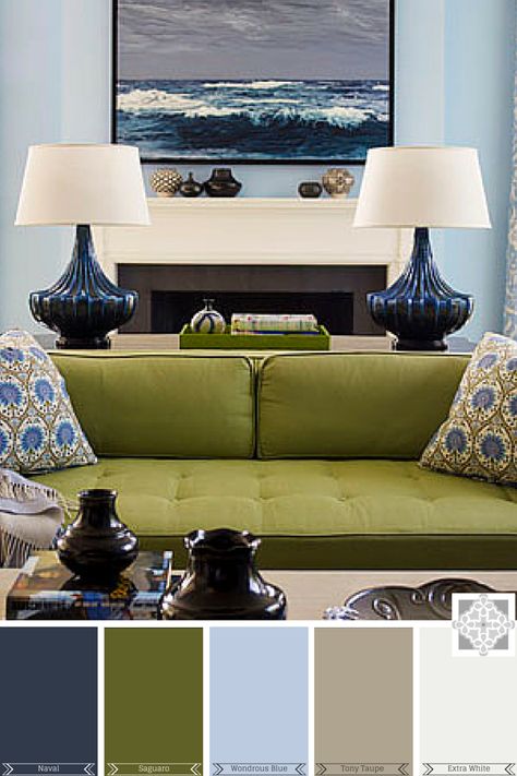 Color Inspiration: Navy and Olive | Interiors by The Sewing Room Green Couch Decor, Olive Green Living Room, Green Couches, Olive Living Rooms, Blue And Green Living Room, Green Living Room Decor, Navy Living Rooms, Green Living Room, Living Room Decor Colors