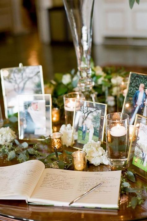 wedding guests book decored with wedding photo ideas Wedding Entrance Table, Wedding Photo Table, Wedding Welcome Table, Wedding Guest Book Table, Memory Table Wedding, Wedding Photo Display, Gift Table Wedding, Welcome Table, Book Table