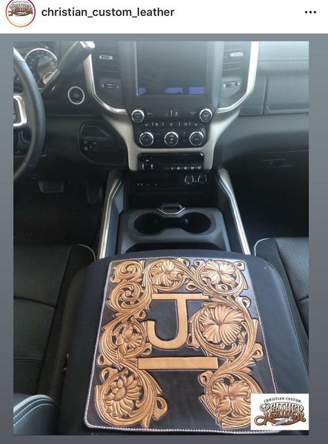 Liz Brannan (LizBrannan1) on Pinterest Truck Headliner Ideas Western, Leather Center Console Cover, Leather Console Cover, Truck Decorations Interior Western, Western Truck Decor, Leather Truck Interior, Western Truck Interior, Western Truck Accessories, Truck Interior Ideas