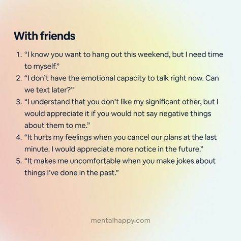 Communicated boundaries are not just a form of self-care, they are a form of self-respect. Having boundaries lets others know what you're willing to accept and allow into your life, which can feel empowering!


Did any of these examples resonate with you? What boundaries do you want to set for yourself?

#HealthyBoundaries #BurnOutRecovery #WorkLifeBalanced #CourageOverComfort #boundariesarehealthy #BoundarySetting #setboundaries #PeoplePleaser Therapy Worksheets, Respect Examples, Healthy Boundaries Relationships, Having Boundaries, Boundaries Quotes, Burnout Recovery, Set Boundaries, It Hurts Me, Healthy Boundaries