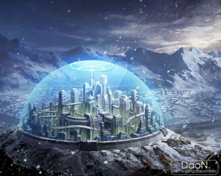 a futuristic city surrounded by mountains in the middle of winter with snow falling on it