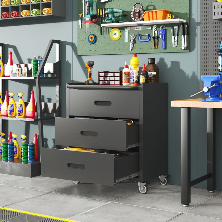 there is a workbench with tools on the wall and in the background are shelves