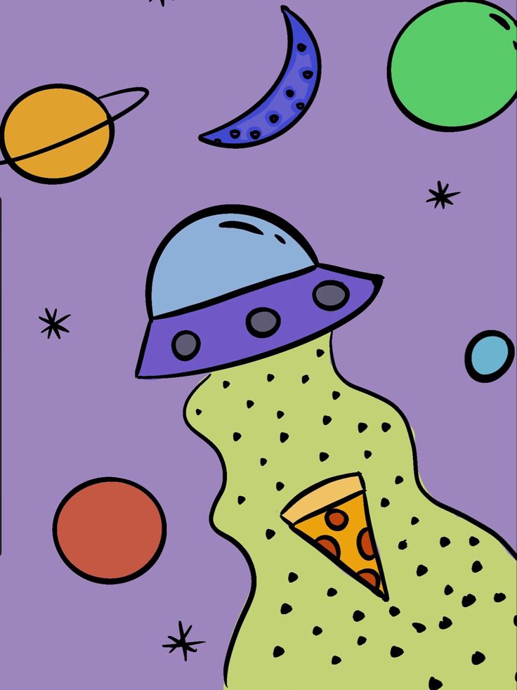 an image of a space themed poster with pizza and planets in the backgroud