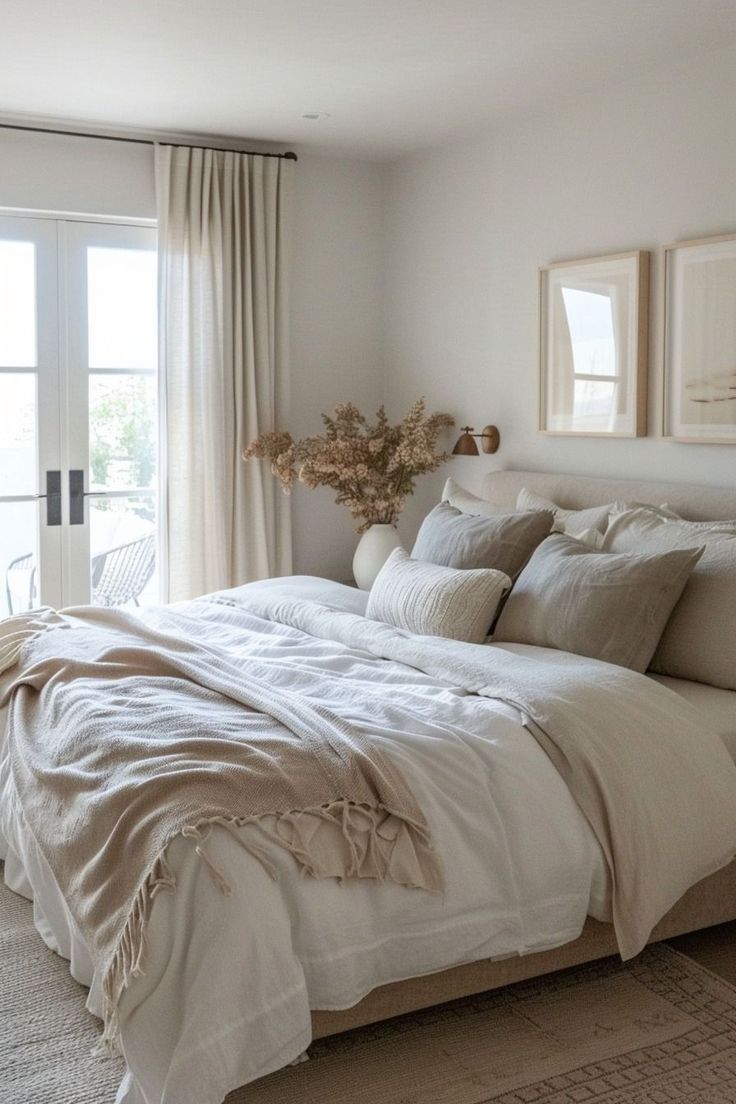 a large bed sitting in a bedroom next to a window filled with white sheets and pillows