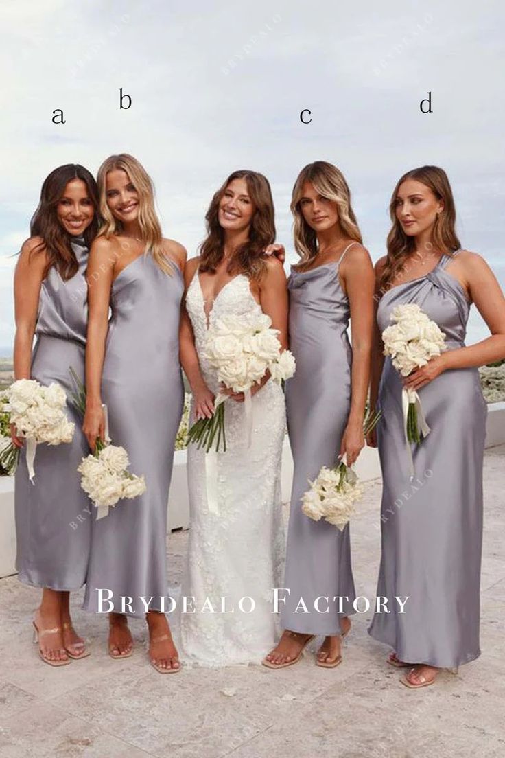 the bridesmaids are all wearing different styles of dresses