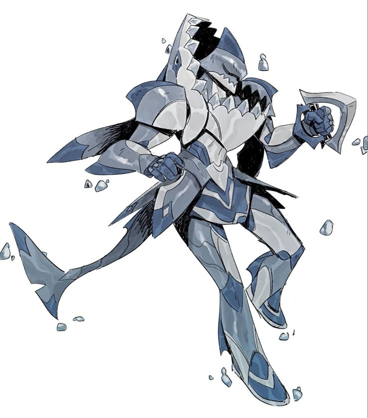 an image of a cartoon character with shark like body and claws on his feet, holding a hammer