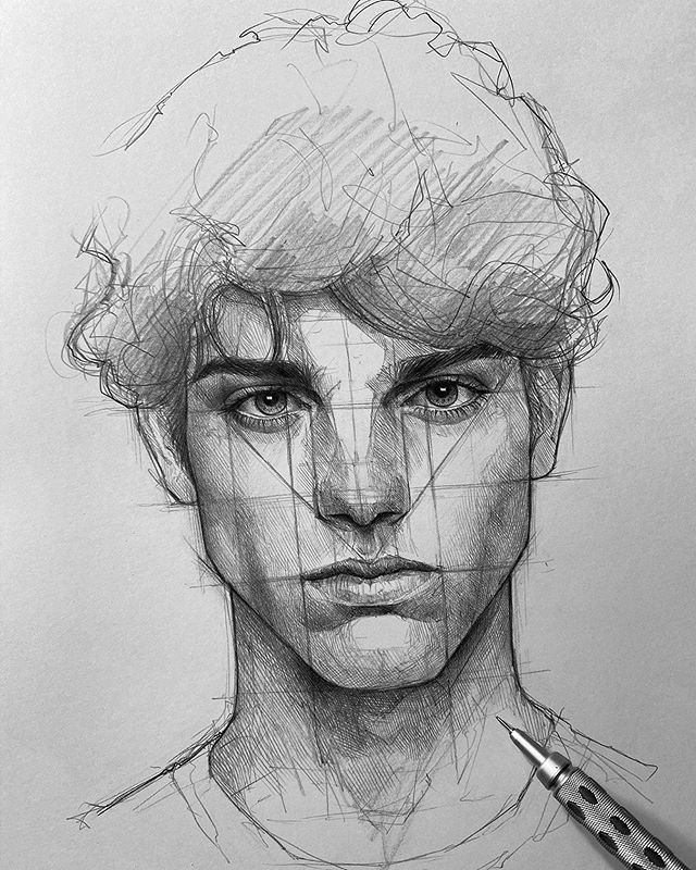 a pencil drawing of a man's face with lines on the forehead and shoulders