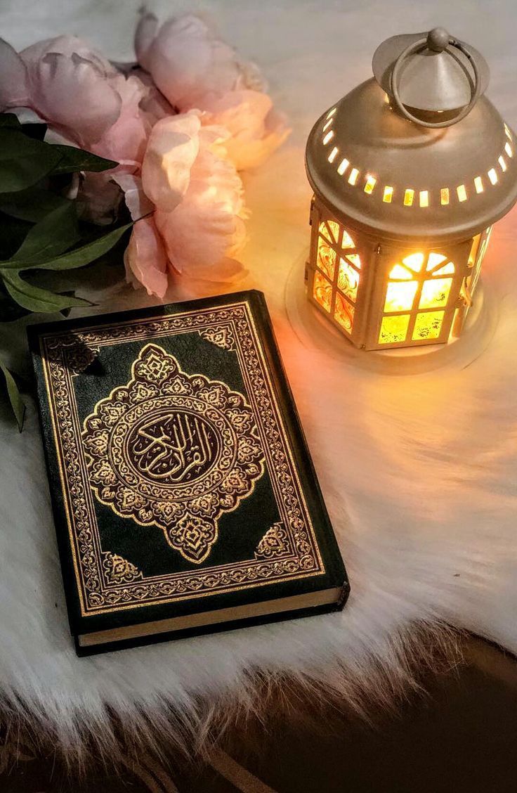 an illuminated lantern next to a book on a fur covered surface with peonies in the background