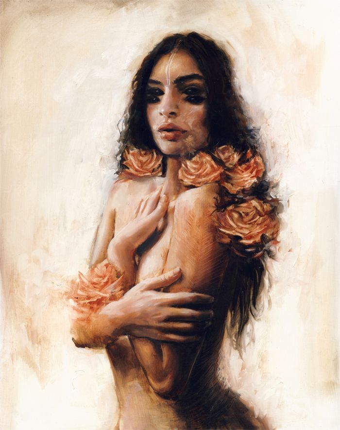 a painting of a naked woman with roses in her hair and hands on her chest