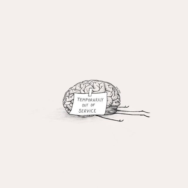 a drawing of a brain with a sign that says temporary out of service on it