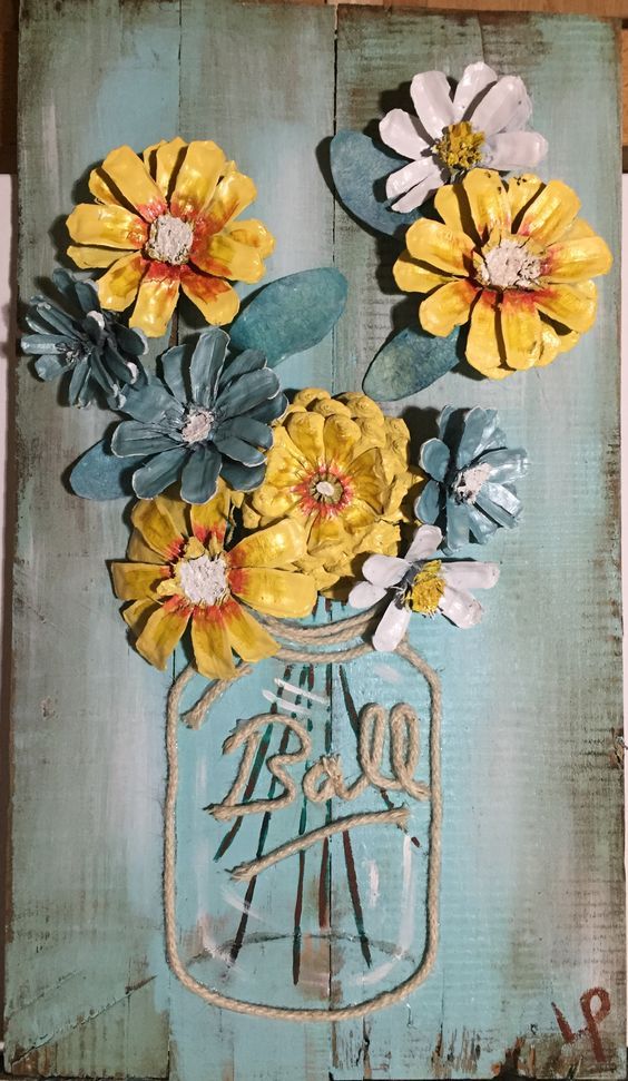 a painting with flowers in a mason jar