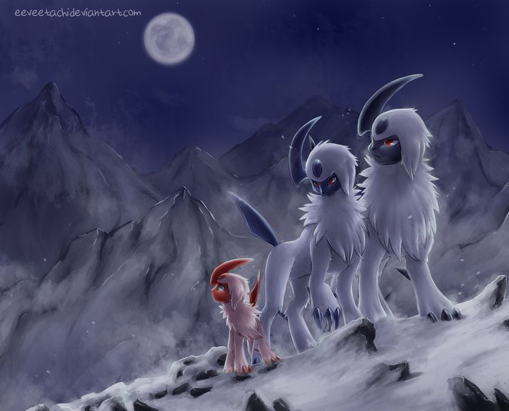 some very cute furry animals on a snowy hill by the moon with mountains in the background