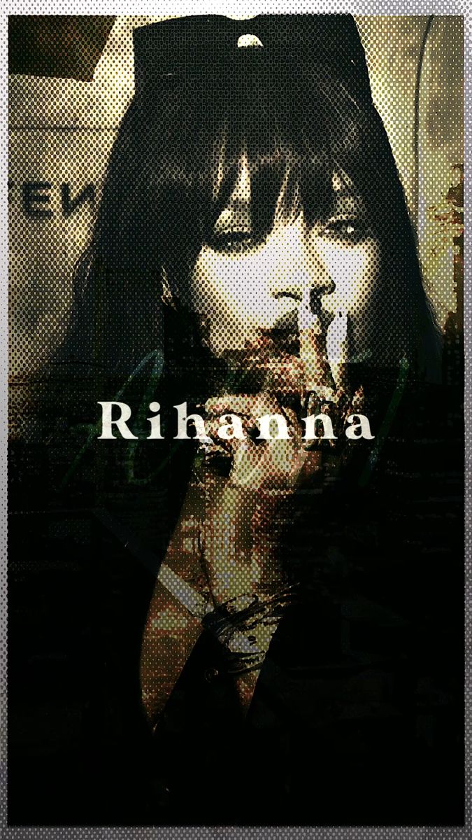 a woman with long hair standing in front of a poster that reads, rihanna