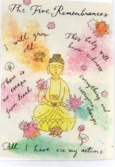 a card with an image of buddha sitting on the ground and flowers in front of it