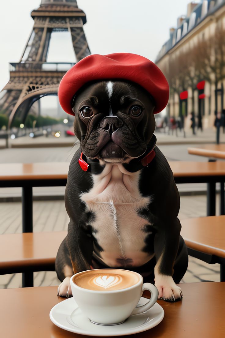 Bonjour, Mon Ami! 🐶☕️ A Delightful French Bulldog in a Red Beret Discovers a Cappuccino 🇫🇷✨ Dog In Paris, French Bulldog Wallpaper, Bulldog Costume, French Bulldog Rescue, Bulldog Wallpaper, French Dog, French Bulldog Facts, French Bulldog Art, Red Beret