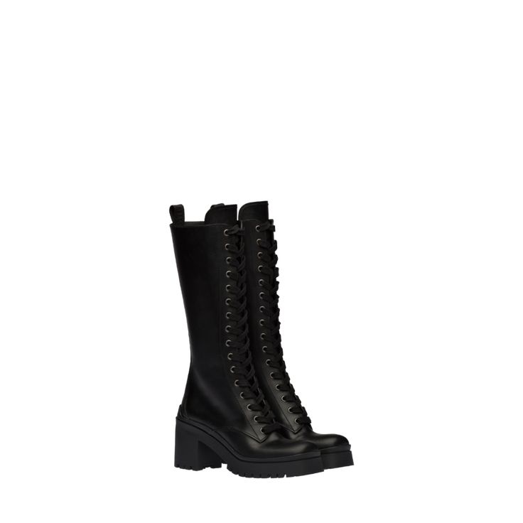 Laced leather boots Black | Miu Miu Prada 2005, Elegant Boots, Fabric Boots, Leather High Tops, Black Accessories, Lace Up Booties, Slingback Pump, Black Leather Boots, Lace Boots