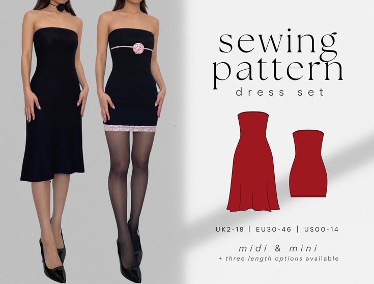 a woman in a black dress with red stockings and high heels is standing next to an advertisement for the sewing pattern