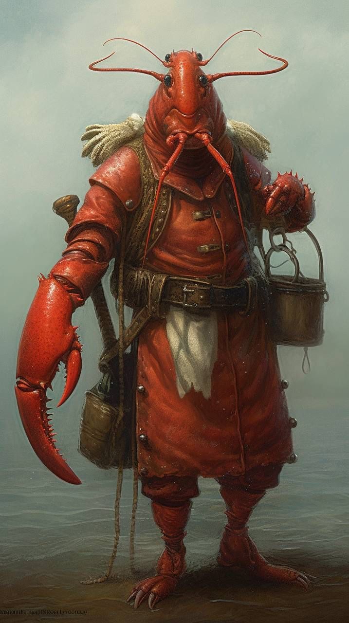 a painting of a lobster holding a bucket and standing in the water with his legs crossed