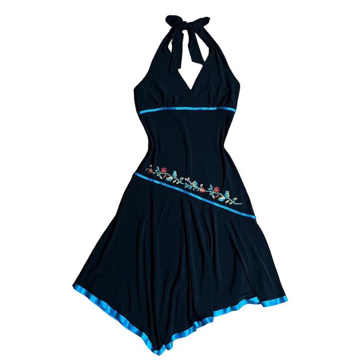 Asymmetrical embroidered halter dress. Blue ribbon... - Depop Black And Blue Dress, Fairy Y2k, Boho Grunge, Grunge Fairy, Style Savvy, Blue Ribbon, Y2k 2000s, Dress Blue, Skirt Leather