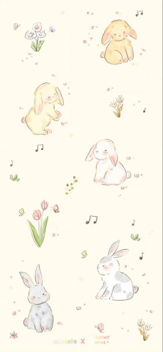 an image of rabbits and flowers on a white background with music notes in the air