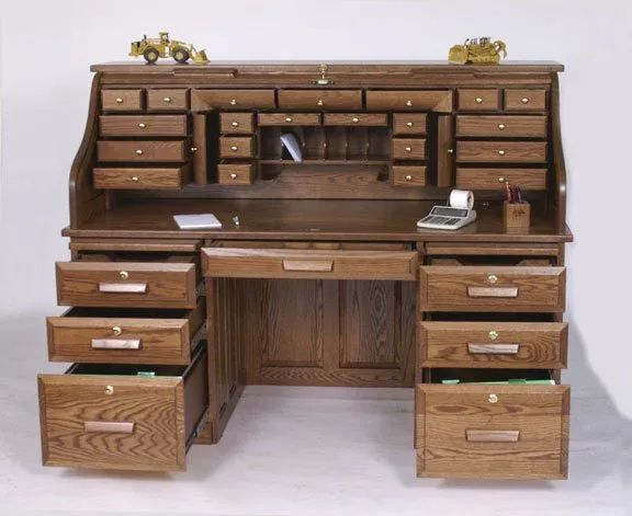 a wooden desk with drawers underneath it