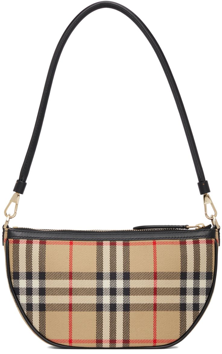 Cotton canvas shoulder bag featuring signature check pattern in beige, black, white, and red. Detachable buffed calfskin shoulder strap in black with lobster clasp fastening. Zip closure. Embossed logo and patch pockets at interior. Twill lining in black. Gold-tone hardware. Approx. 8 length x 4.5 height x 1.75 width. Supplier color: Archive beige Burberry Coin Purse, Burberry Black Purse, Burberry Clothing, Burberry Purse, Burberry Outfit, Barrel Bag, Canvas Shoulder Bag, Logo Stamp, Check Pattern