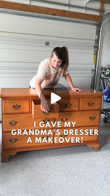 a woman is sitting on top of a dresser with the words, i gave my grandma's dresser a makeover