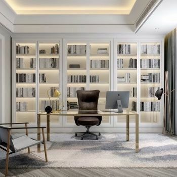 an office with white walls and shelves filled with bookshelves, chairs, and desks