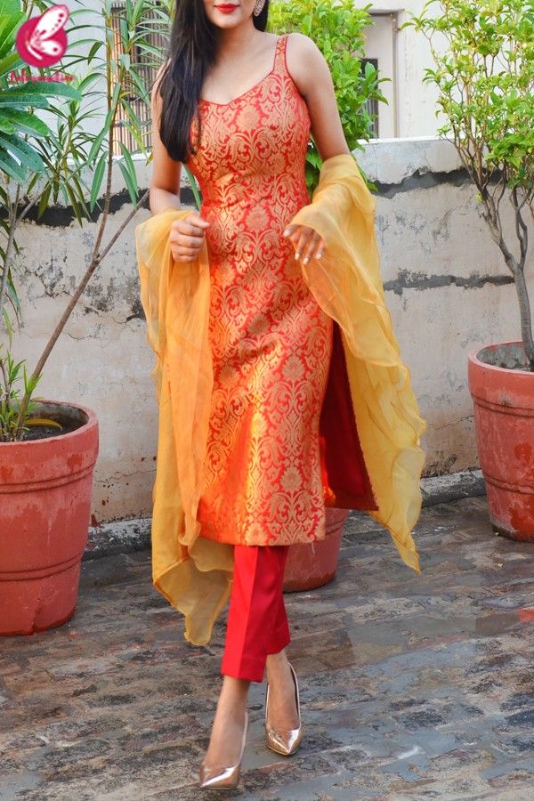 Red Golden Brocade Padded Kurti with Red Cotton Silk Pants and Golden Organza Ruffle Dupatta Chudidar Designs From Old Saree, India Kurta For Women, Festive Wear Indian Kurti, Silk Saree Salwar Suit, Suit Design With Pants, Kurti Designs Latest Net Material, Red Brocade Suit, Kurti Pants Design Party Wear, Brocade Suits Designs